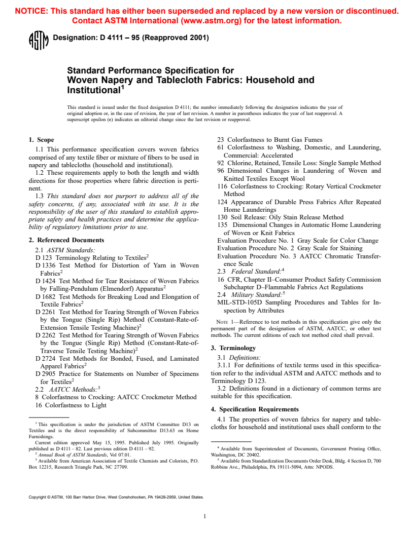 ASTM D4111-95(2001) - Standard Performance Specification for Woven Napery and Tablecloth Fabrics  Household and Institutional