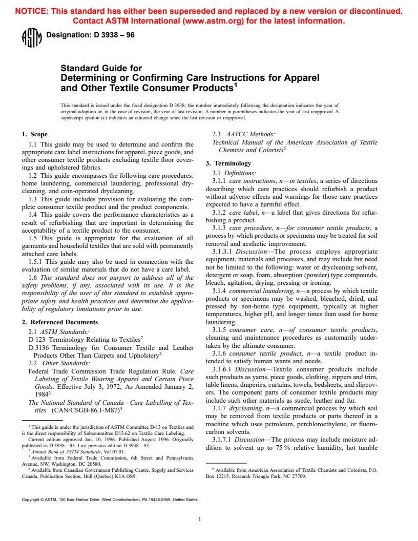 ASTM D3938-96 - Standard Guide for Determining or Confirming Care Instructions for Apparel and Other Textile Consumer Products