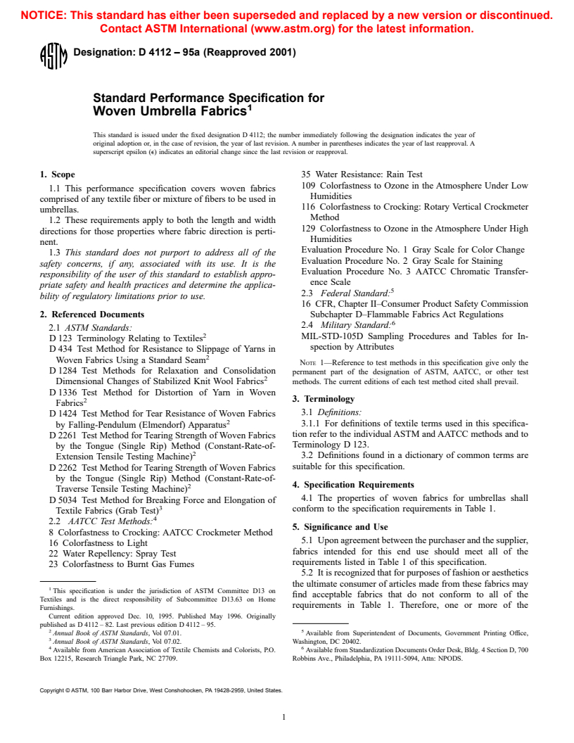 ASTM D4112-95a(2001) - Standard Performance Specification for Woven Umbrella Fabrics