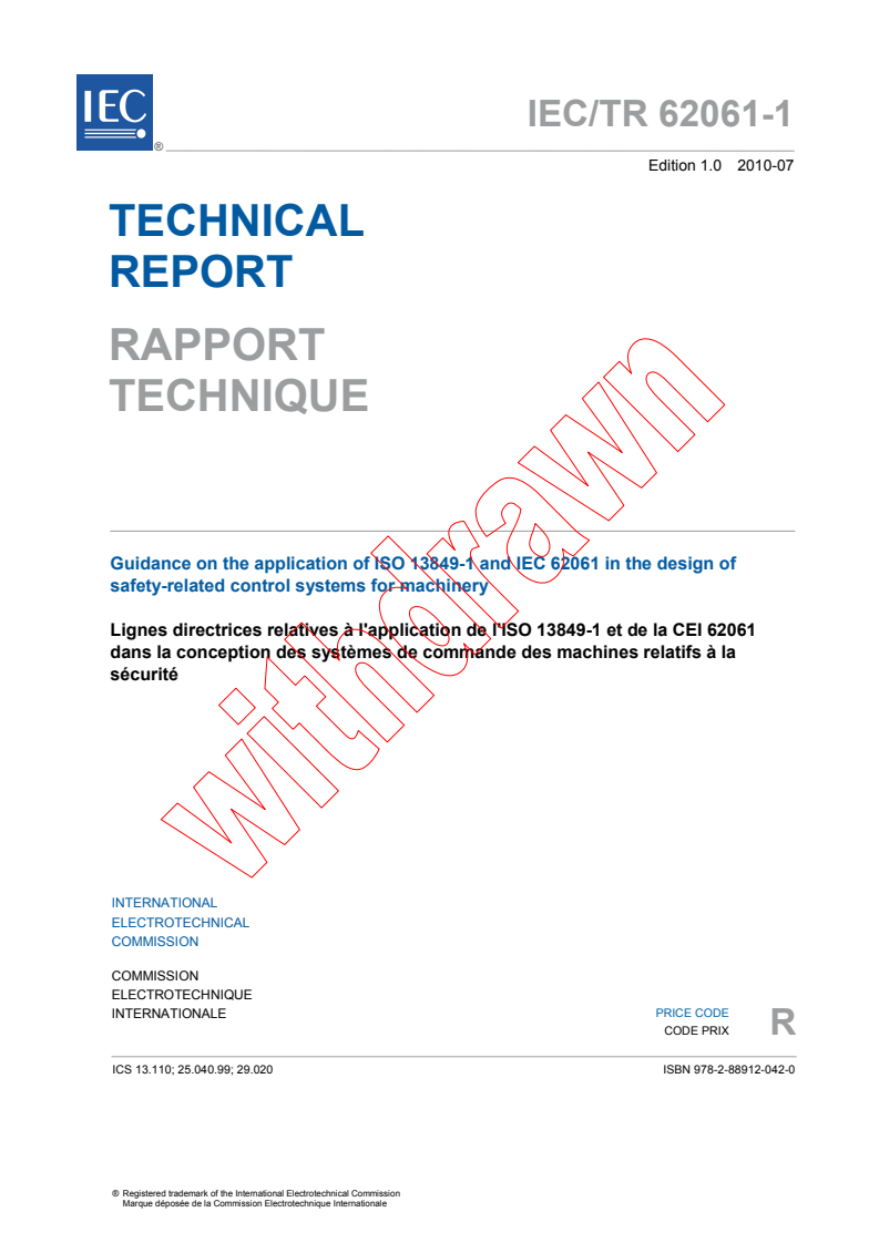 IEC TR 62061-1:2010 - Guidance on the application of ISO 13849-1 and IEC 62061 in the design of safety-related control systems for machinery
Released:7/12/2010
Isbn:9782889120420
