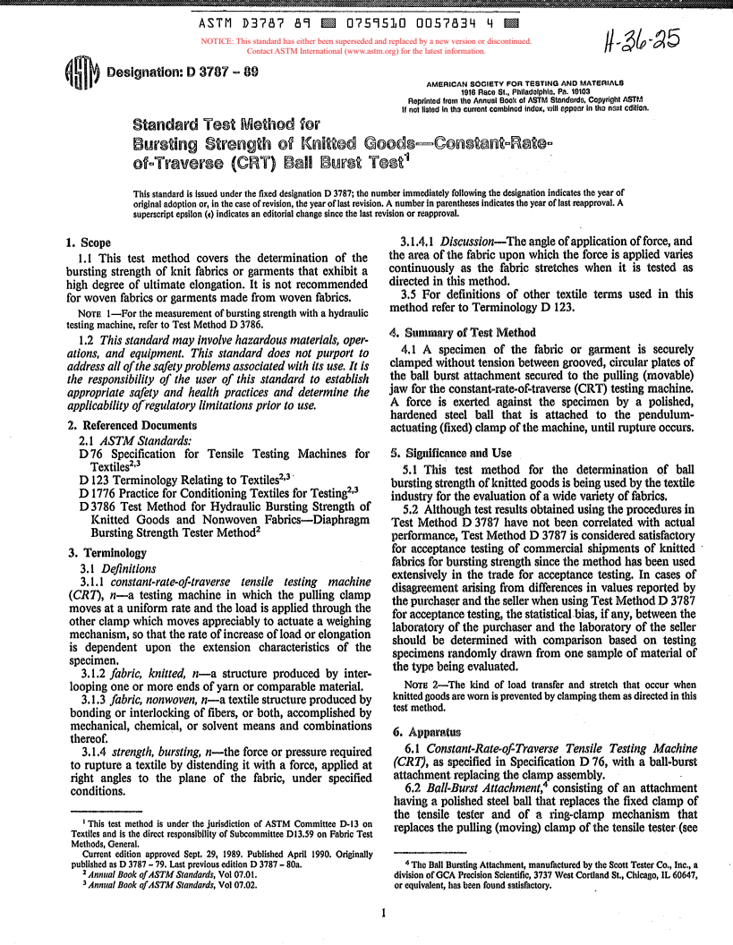 ASTM D3787-89 - Test Method for Bursting Strength of Textiles-Constant-Rate-of-Traverse (CRT) Ball Burst Test (Withdrawn 1998)