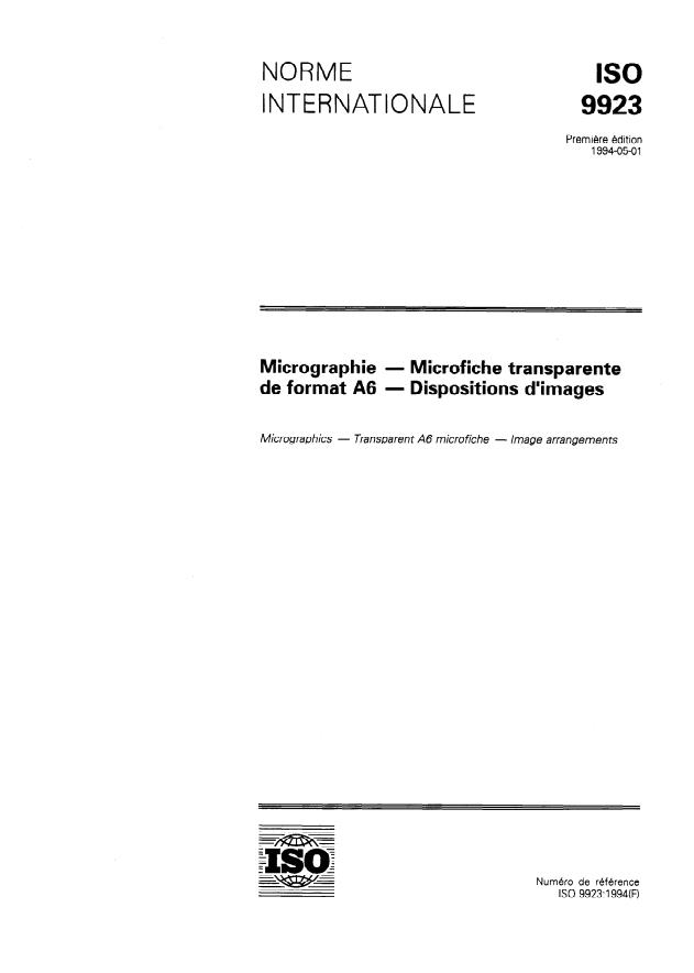 ISO 9923:1994 - Micrographie -- Microfiche transparente de format A6 -- Dispositions d'images