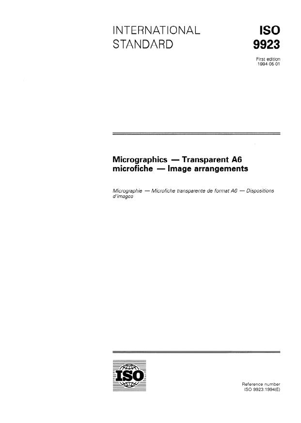 ISO 9923:1994 - Micrographics -- Transparent A6 microfiche -- Image arrangements