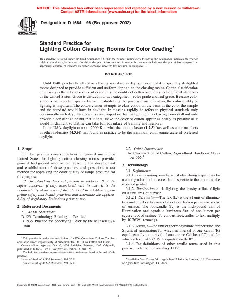 ASTM D1684-96(2002) - Standard Practice for Lighting Cotton Classing Rooms for Color Grading