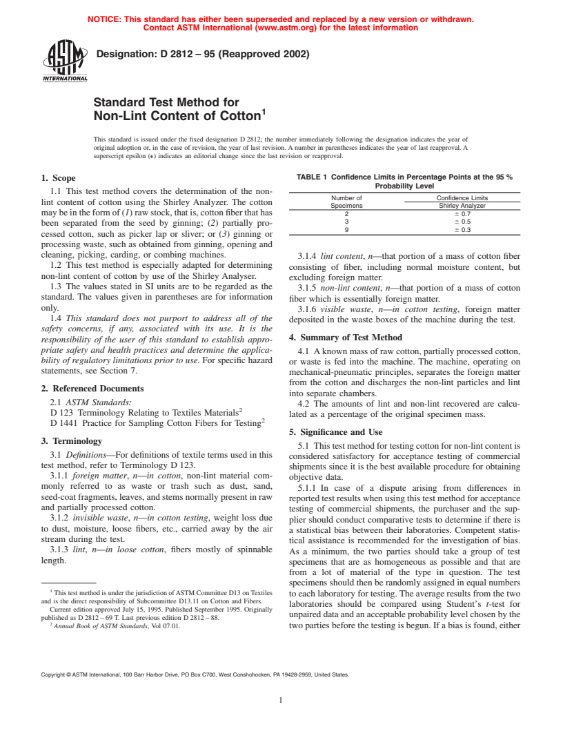 ASTM D2812-95(2002) - Standard Test Method for Non-Lint Content of Cotton