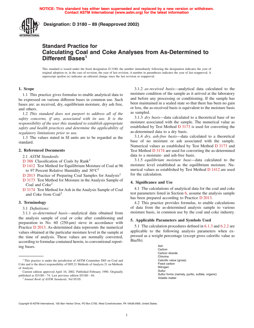 ASTM D3180-89(2002) - Standard Practice for Calculating Coal and Coke Analyses from As-Determined to Different Bases