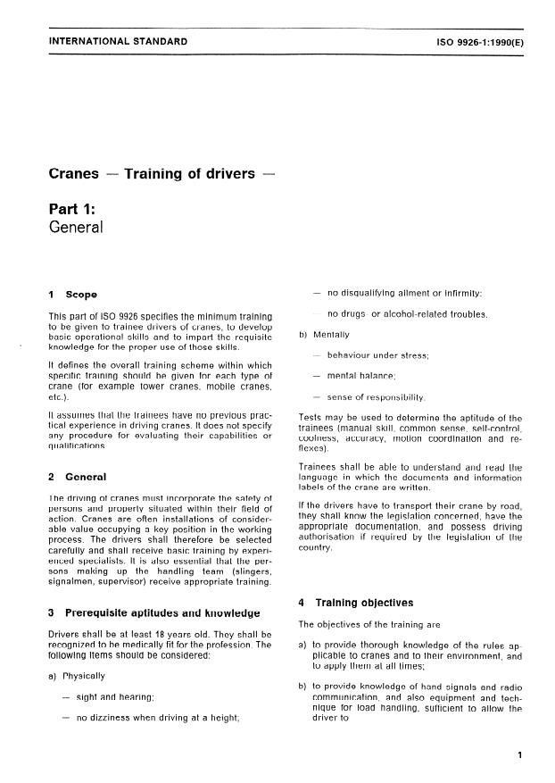 ISO 9926-1:1990 - Cranes -- Training of drivers