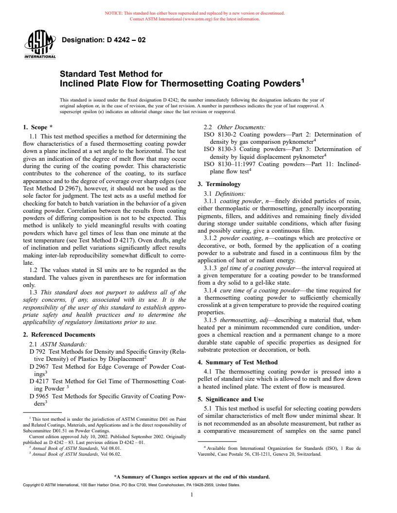 ASTM D4242-02 - Standard Test Method for Inclined Plate Flow for Thermosetting Coating Powders