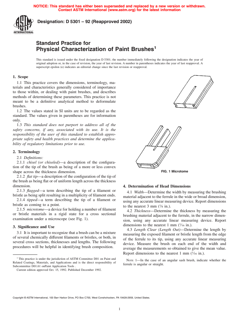 ASTM D5301-92(2002) - Standard Practice for Physical Characterization of Paint Brushes