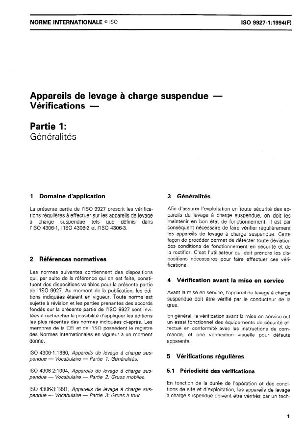 ISO 9927-1:1994 - Appareils de levage a charge suspendue -- Vérifications