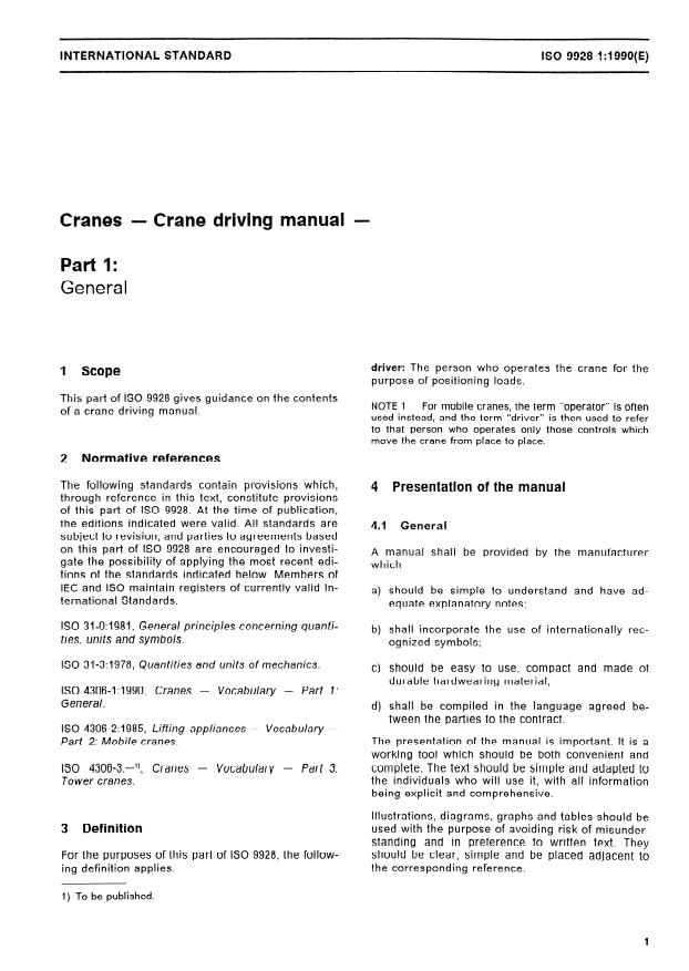 ISO 9928-1:1990 - Cranes -- Crane driving manual