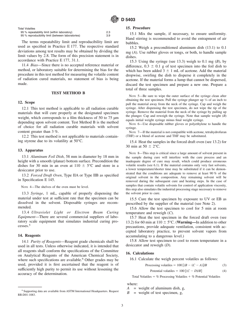 ASTM D5403-93(2002) - Standard Test Methods for Volatile Content of Radiation Curable Materials