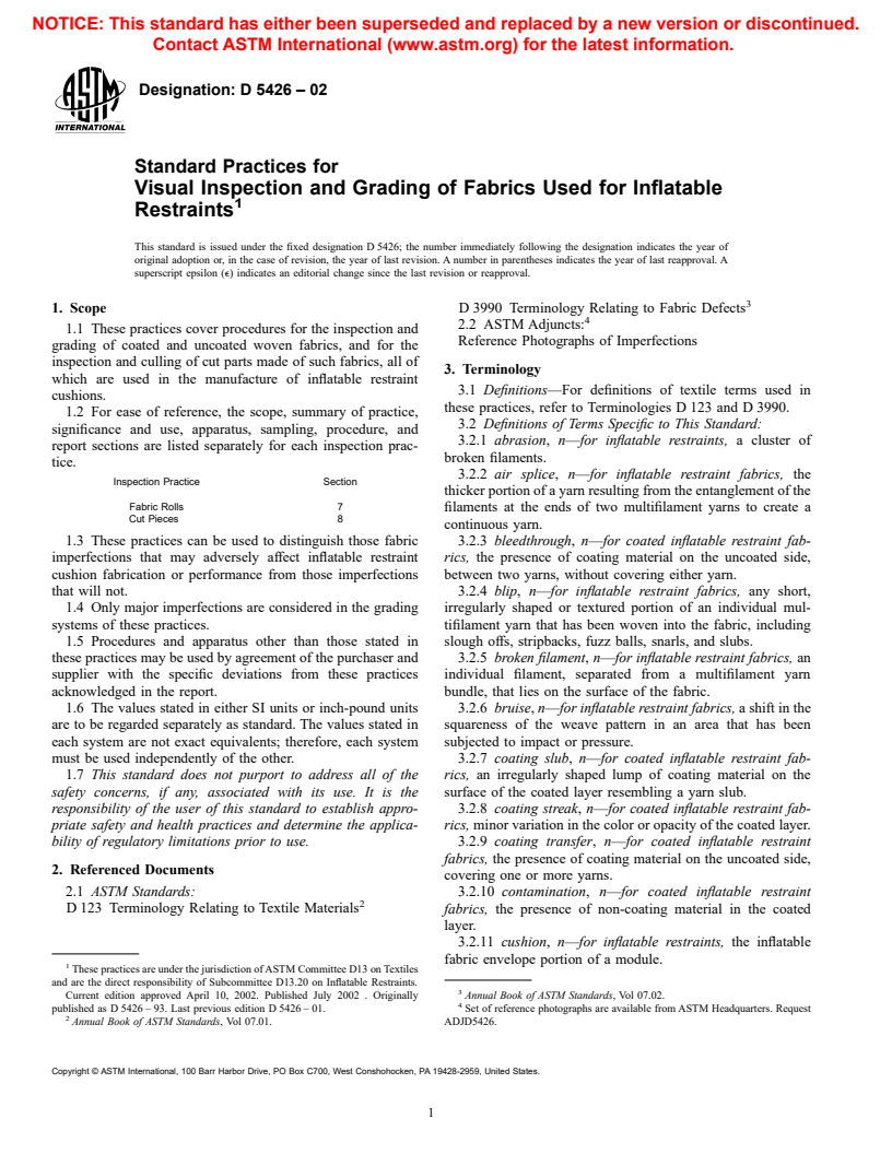 ASTM D5426-02 - Standard Practices for Visual Inspection and Grading of Fabrics Used for Inflatable Restraints