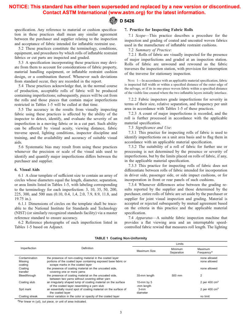 ASTM D5426-02 - Standard Practices for Visual Inspection and Grading of Fabrics Used for Inflatable Restraints