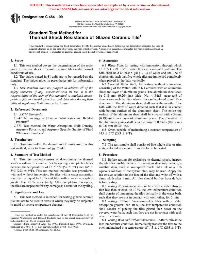 ASTM C484-99 - Standard Test Method for Thermal Shock Resistance of Glazed Ceramic Tile