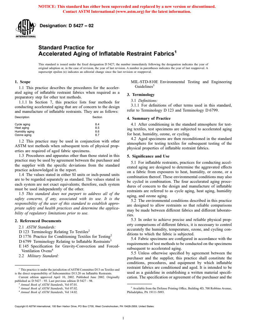 ASTM D5427-02 - Standard Practice for Accelerated Aging of Inflatable Restraint Fabrics