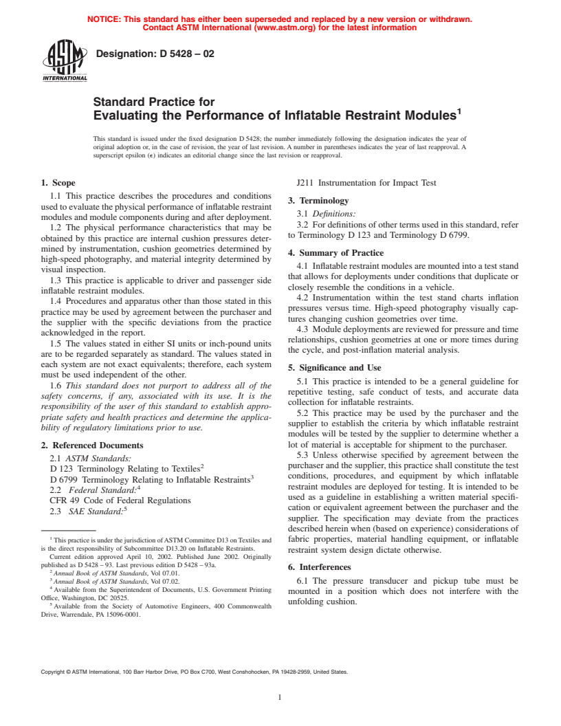 ASTM D5428-02 - Standard Practice for Evaluating the Performance of Inflatable Restraint Modules