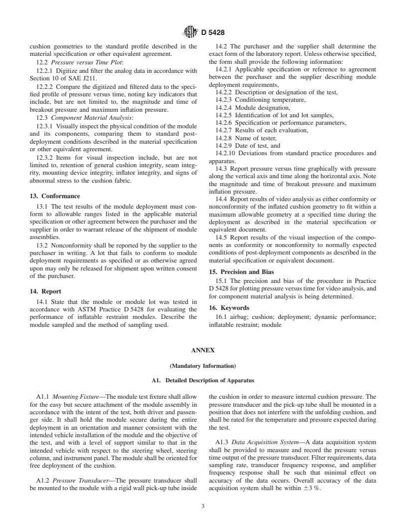 ASTM D5428-02 - Standard Practice for Evaluating the Performance of Inflatable Restraint Modules