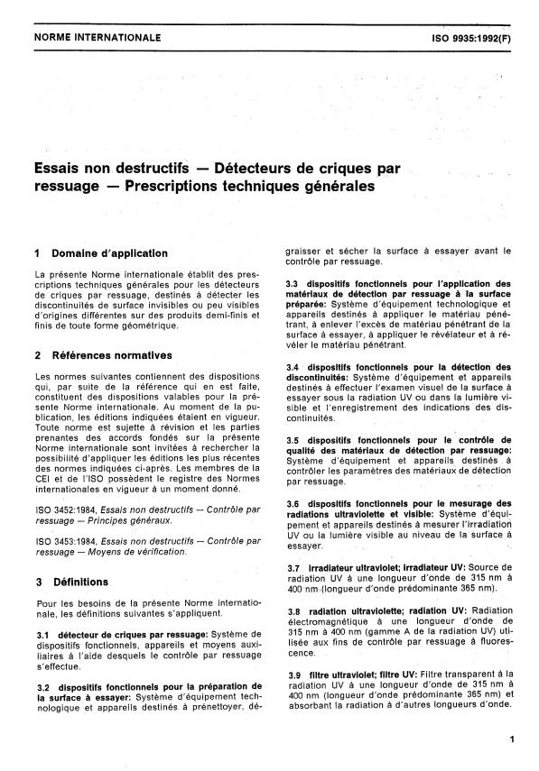 ISO 9935:1992 - Essais non destructifs -- Détecteurs de criques par ressuage -- Prescriptions techniques générales