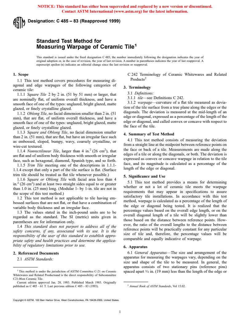 ASTM C485-83(1999) - Standard Test Method for Measuring Warpage of Ceramic Tile