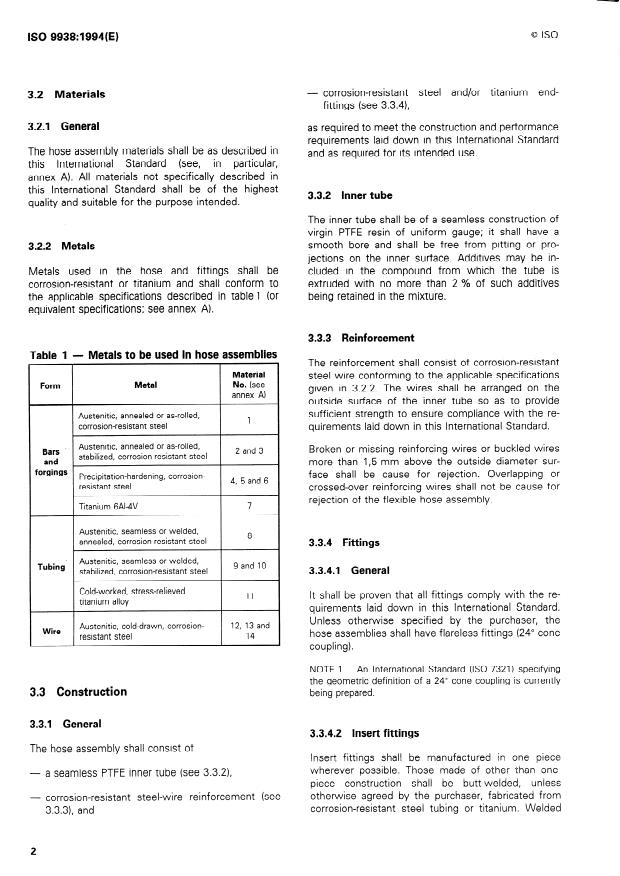 ISO 9938:1994 ISO 9938:1994 - Aerospace -- Polytetrafluoroethylene (PTFE) hose assemblies, classification 204 degrees C/28 000 kPa -- Procurement specification - Page 4 preview