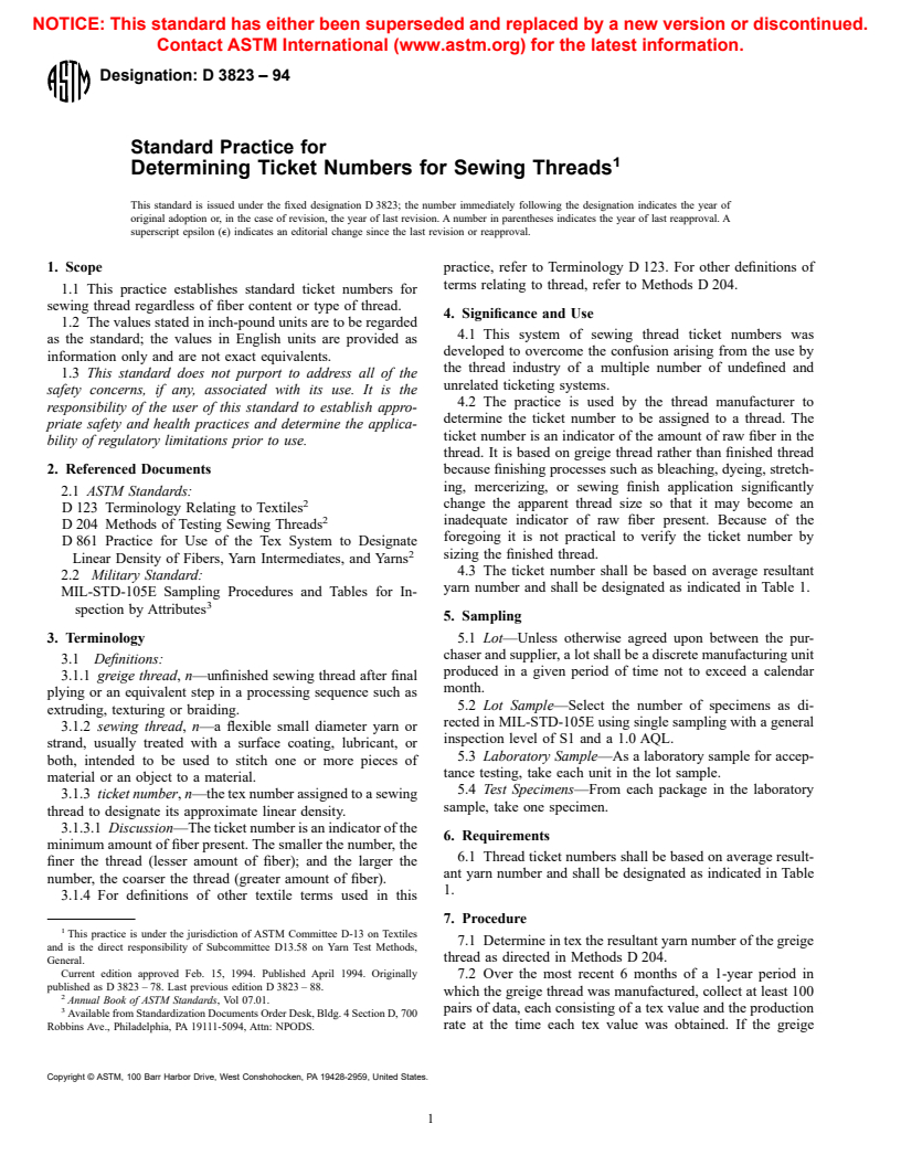 ASTM D3823-94 - Standard Practice for Determining Ticket Numbers for Sewing Threads