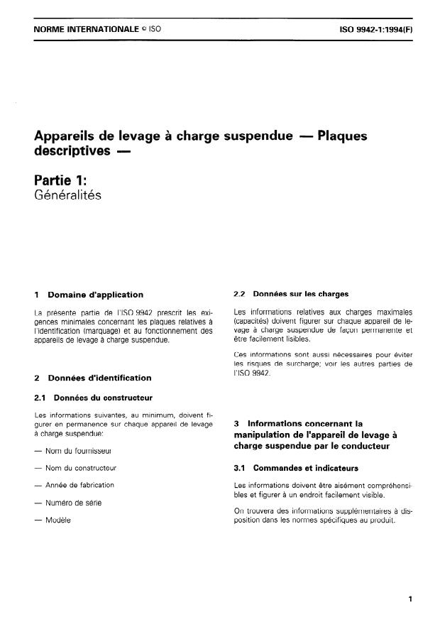 ISO 9942-1:1994 - Appareils de levage a charge suspendue -- Plaques descriptives