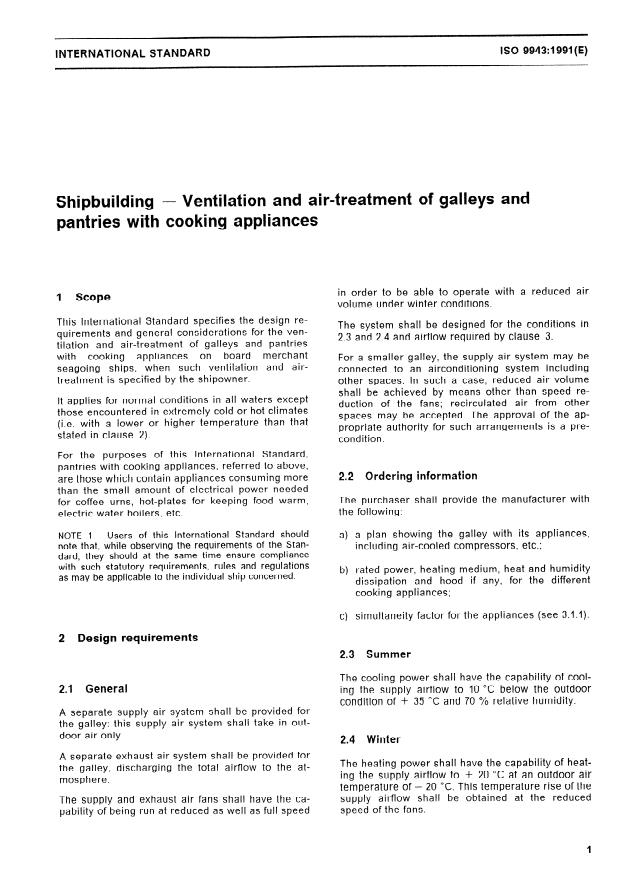 ISO 9943:1991 - Shipbuilding -- Ventilation and air-treatment of galleys and pantries with cooking appliances