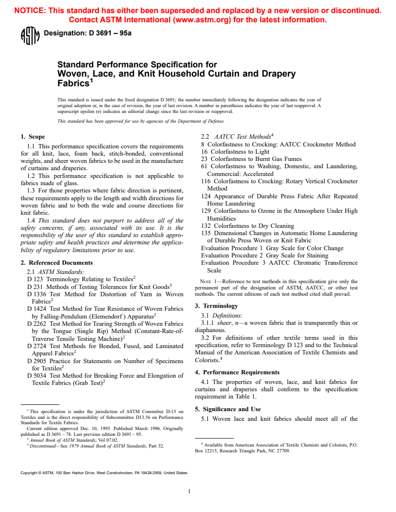 ASTM D3691-95a - Standard Performance Specification for Woven, Lace, and Knit Household Curtain and Drapery Fabrics