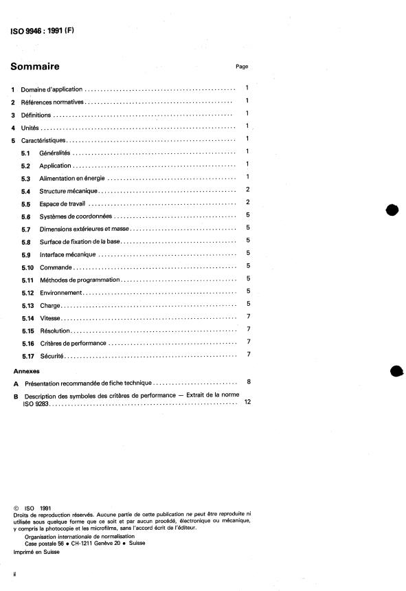 ISO 9946:1991 ISO 9946:1991 - Robots manipulateurs industriels -- Présentation des caractéristiques - Page 2 preview