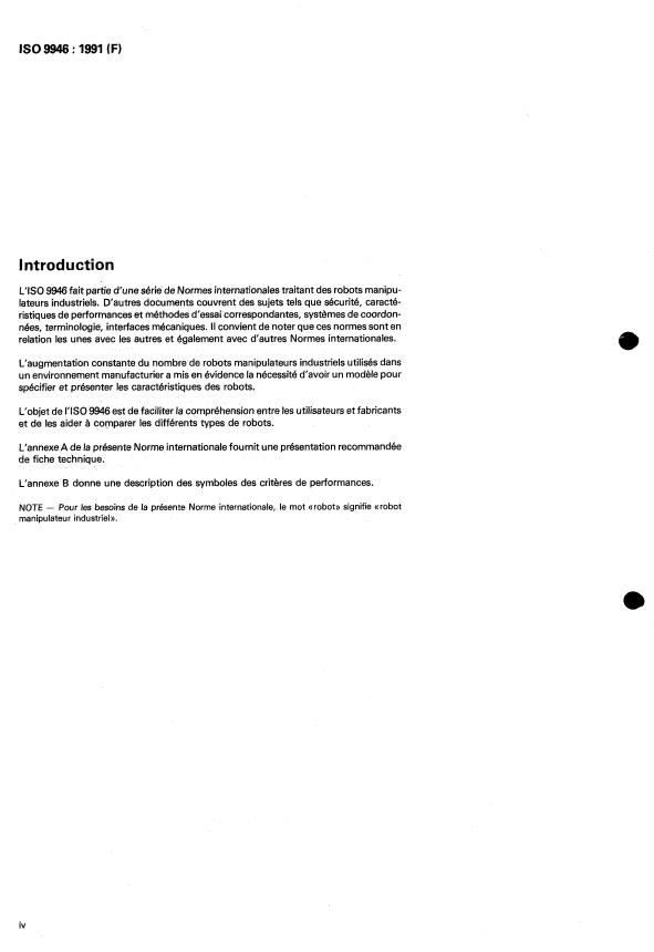 ISO 9946:1991 ISO 9946:1991 - Robots manipulateurs industriels -- Présentation des caractéristiques - Page 4 preview