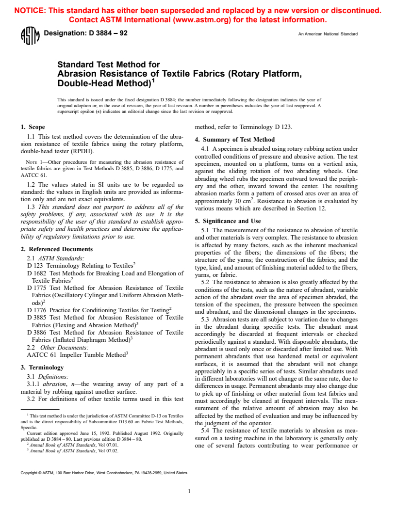 ASTM D3884-92 - Standard Guide for Abrasion Resistance of Textile Fabrics (Rotary Platform, Double-Head Method)