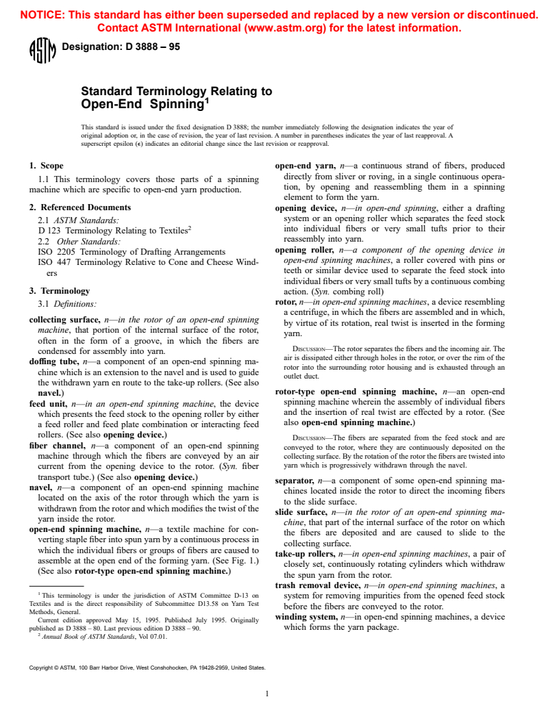 ASTM D3888-95 - Standard Terminology Relating to Open-End Spinning