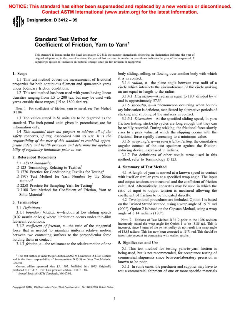 ASTM D3412-95 - Standard Test Method for Coefficient of Friction, Yarn to Yarn