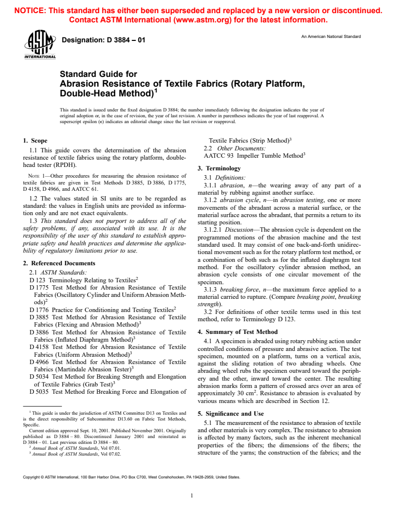 ASTM D3884-01 - Standard Guide for Abrasion Resistance of Textile Fabrics (Rotary Platform, Double-Head Method)