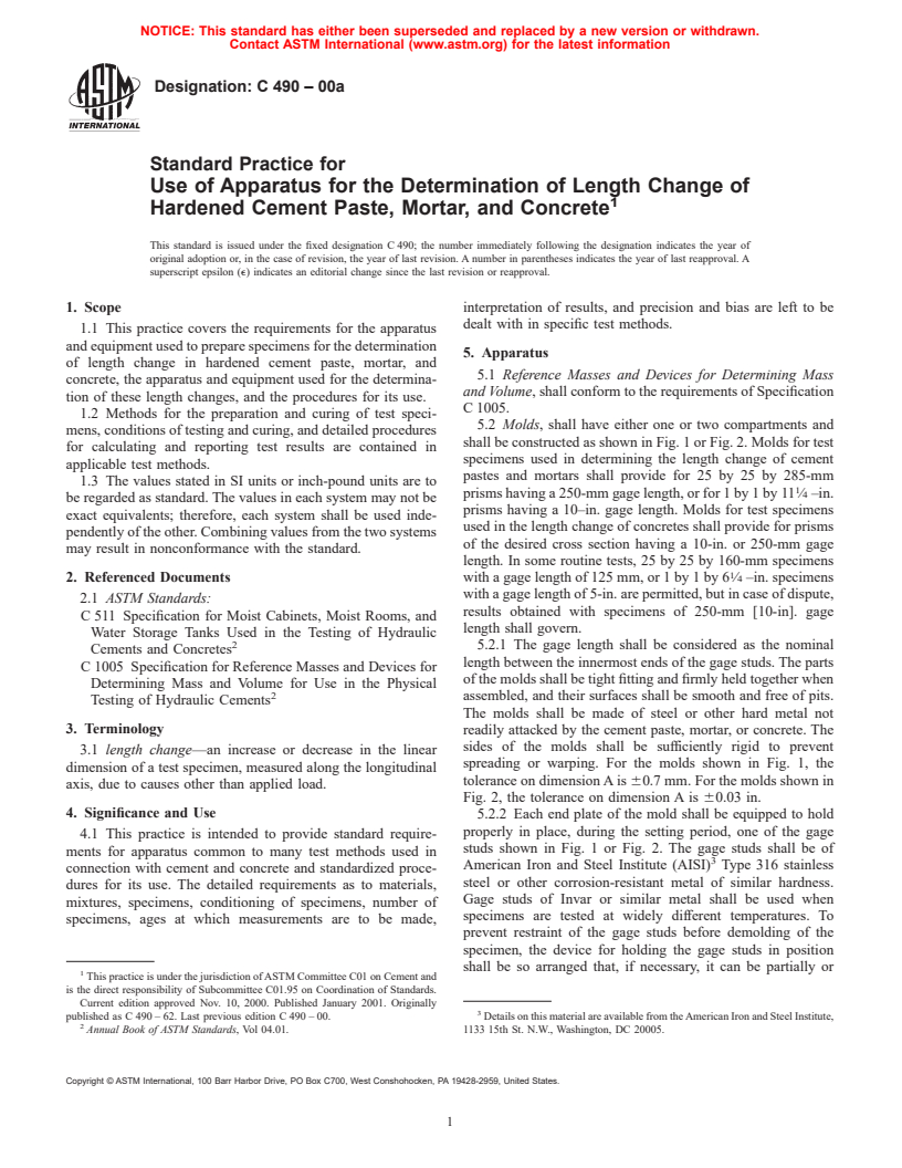 ASTM C490-00a - Standard Practice for Use of Apparatus for the Determination of Length Change of Hardened Cement Paste, Mortar, and Concrete