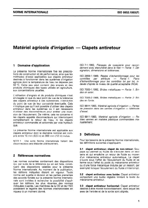 ISO 9952:1993 - Matériel agricole d'irrigation -- Clapets antiretour