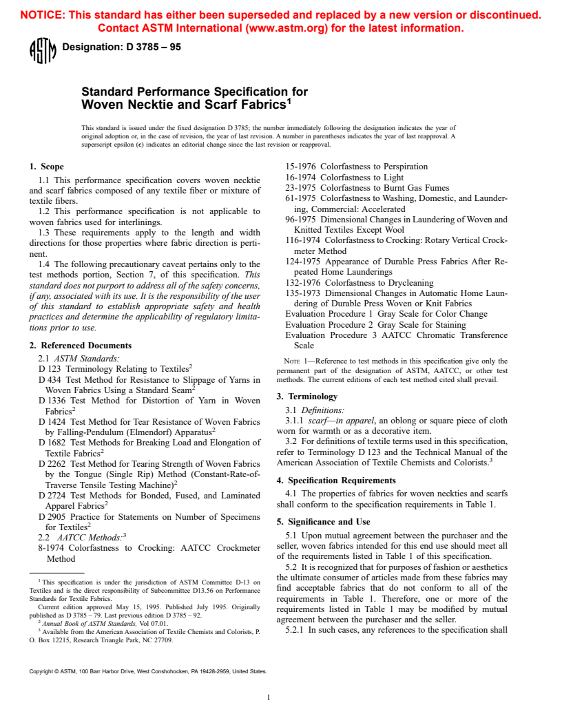 ASTM D3785-95 - Standard Performance Specification for Woven Necktie and Scarf Fabrics