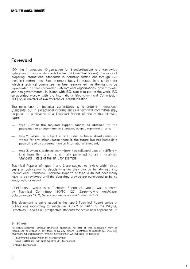 ISO/TR 9953:1996 ISO/TR 9953:1996 - Earth-moving machinery -- Warning devices for slow-moving machines -- Ultrasonic and other systems - Page 2 preview