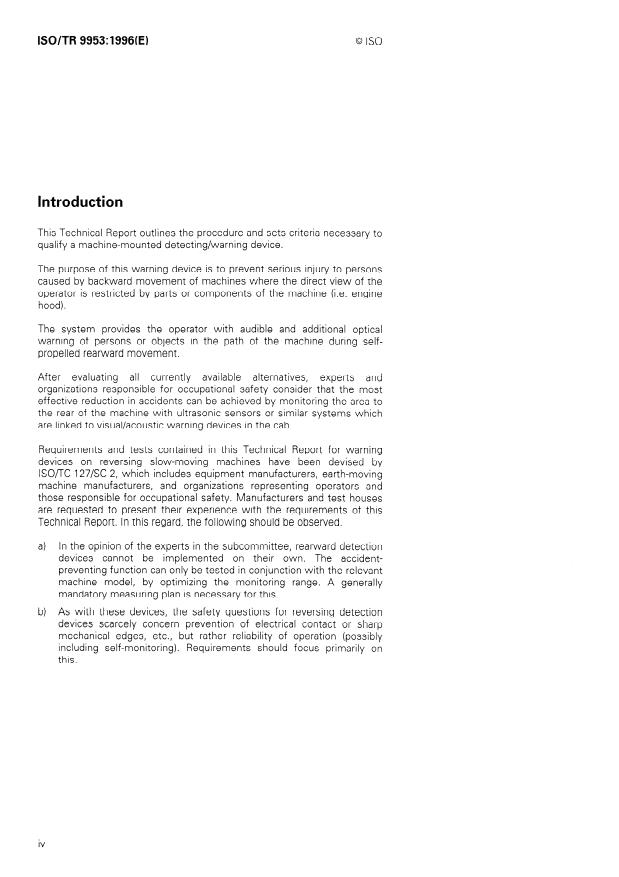 ISO/TR 9953:1996 ISO/TR 9953:1996 - Earth-moving machinery -- Warning devices for slow-moving machines -- Ultrasonic and other systems - Page 4 preview