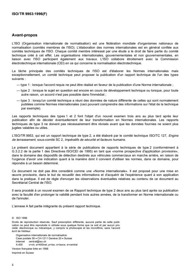 ISO/TR 9953:1996 ISO/TR 9953:1996 - Engins de terrassement -- Dispositifs avertisseurs des engins a déplacement lent -- Systemes a ultrasons et autres - Page 2 preview