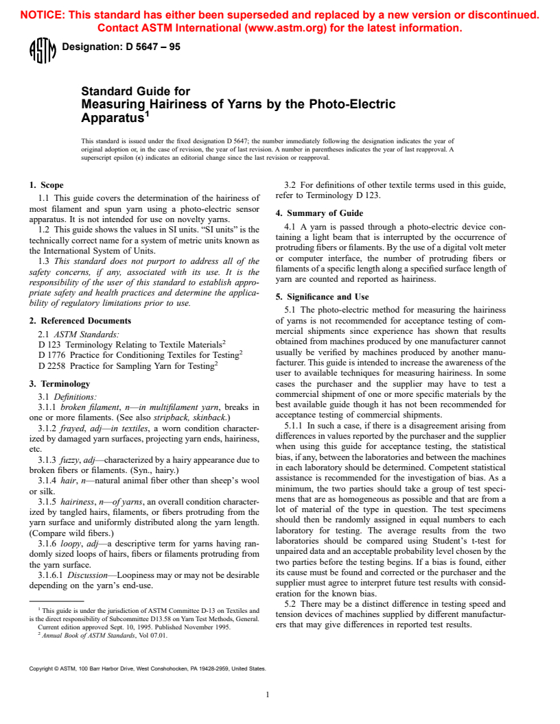 ASTM D5647-95 - Standard Guide for Measuring Hairiness of Yarns by the Photo-Electric Apparatus