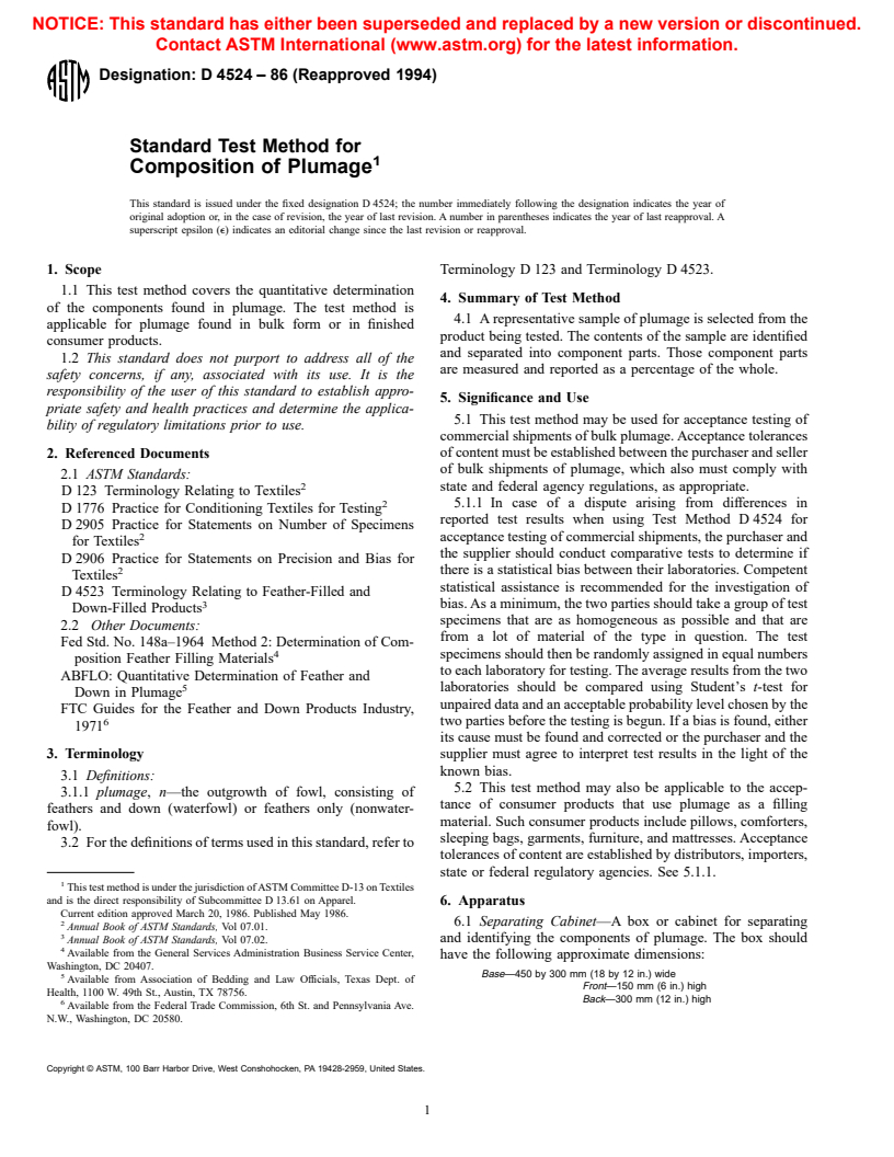 ASTM D4524-86(1994) - Standard Test Method for Composition of Plumage