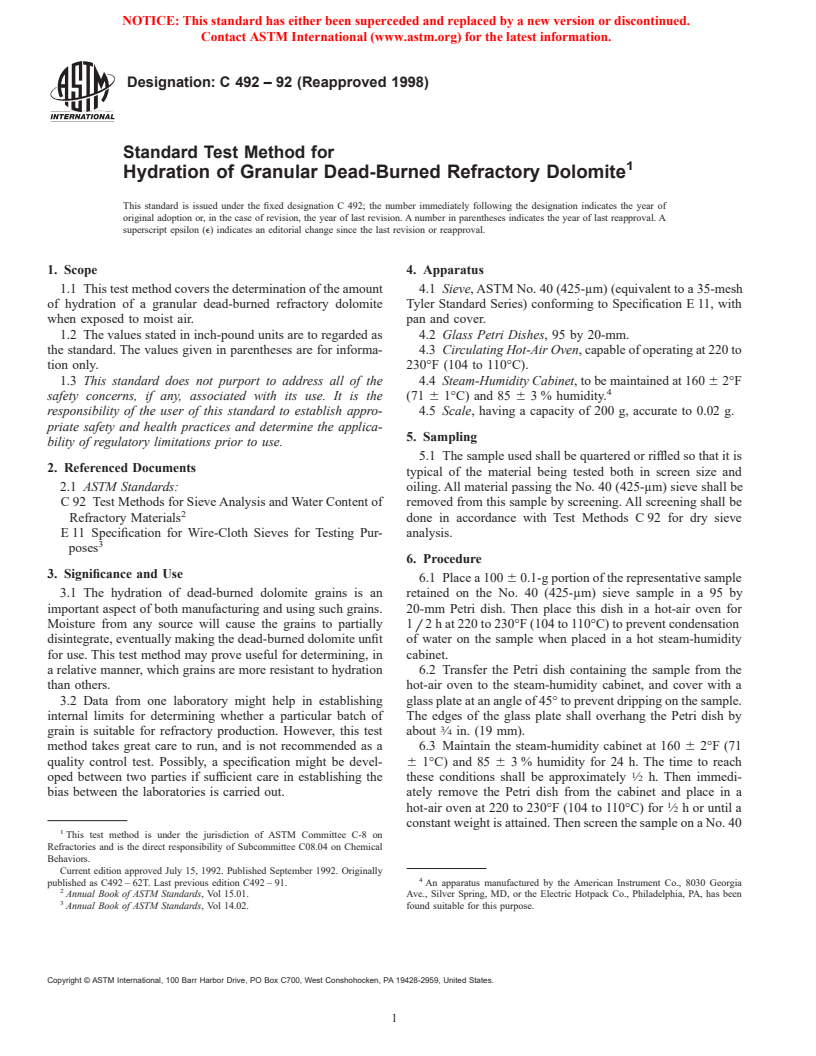 ASTM C492-92(1998) - Standard Test Method for Hydration of Granular Dead-Burned Refractory Dolomite