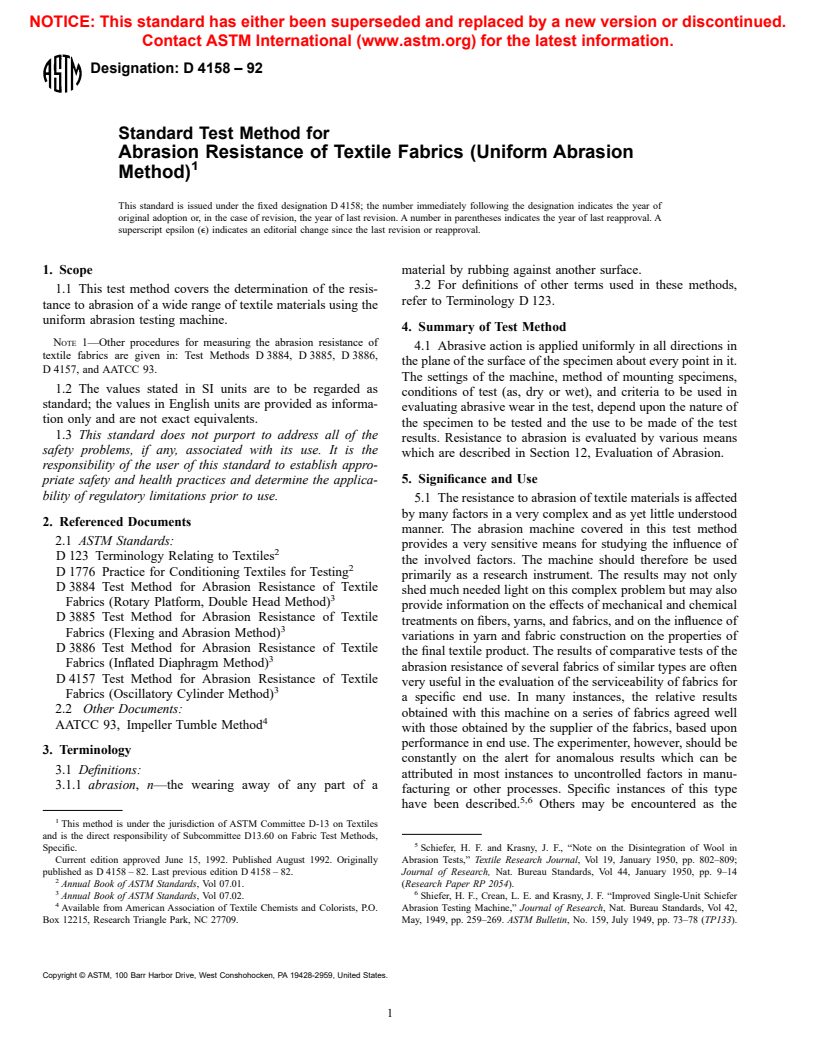 ASTM D4158-92 - Standard Guide for Abrasion Resistance of Textile Fabrics (Uniform Abrasion)