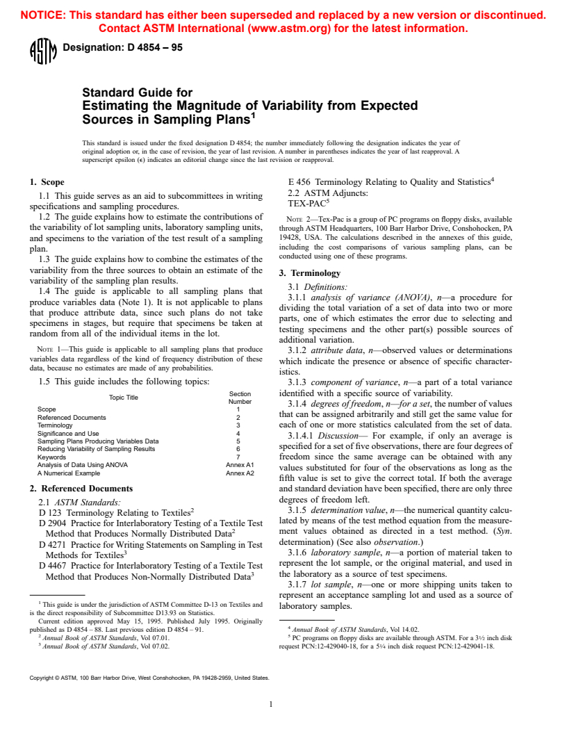 ASTM D4854-95 - Standard Guide for Estimating the Magnitude of Variability from Expected Sources in Sampling Plans