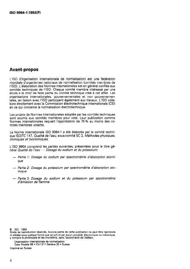 ISO 9964-1:1993 ISO 9964-1:1993 - Qualité de l'eau — Dosage du sodium et du potassium — Partie 1: Dosage du sodium par spectrométrie d'absorption atomique
Released:4/29/1993 - Page 2 preview