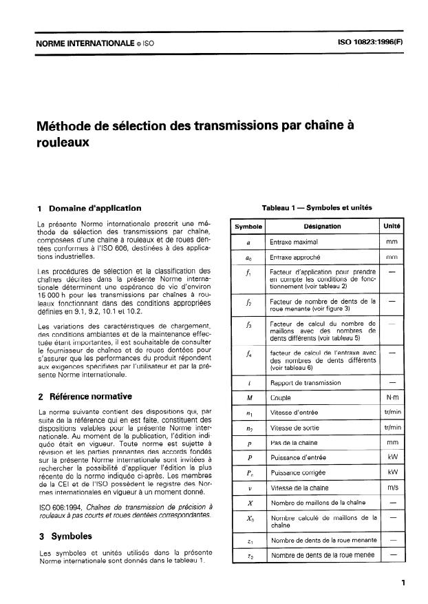 ISO 10823:1996 - Méthode de sélection des transmissions par chaîne a rouleaux