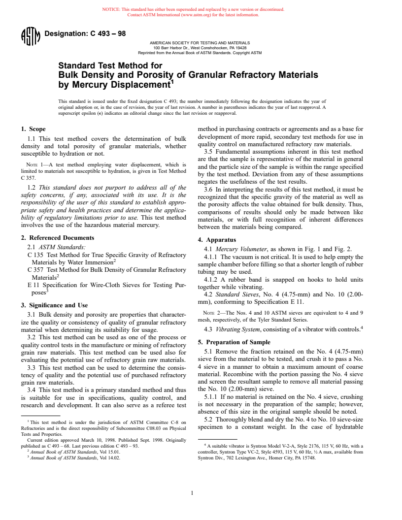 ASTM C493-98 - Standard Test Method for Bulk Density and Porosity of Granular Refractory Materials by Mercury Displacement (Withdrawn 2002)