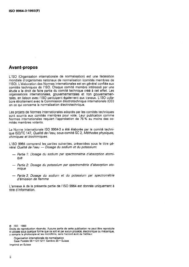 ISO 9964-3:1993 ISO 9964-3:1993 - Qualité de l'eau -- Dosage du sodium et du potassium - Page 2 preview